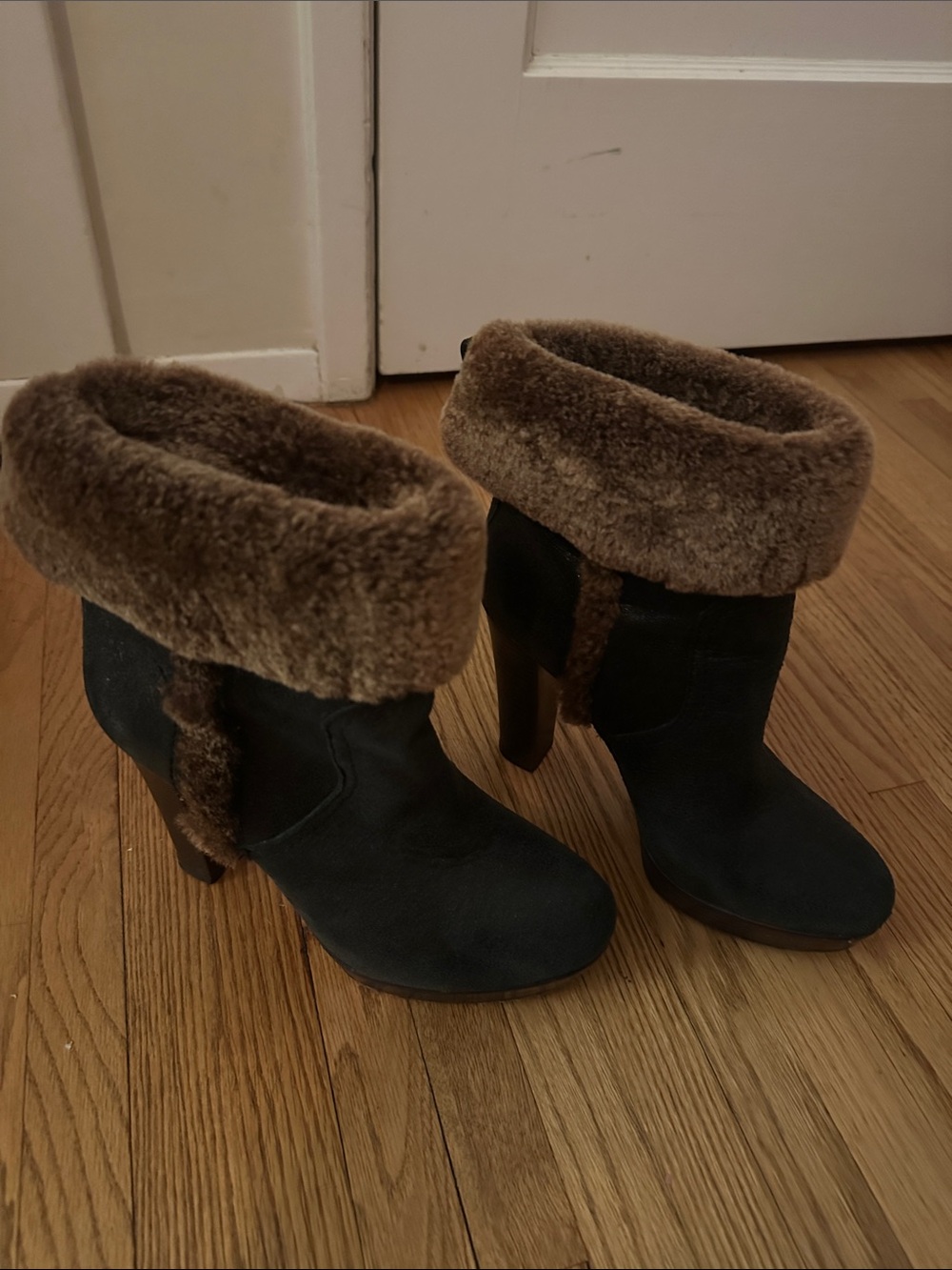 Tory Burch  black  Suede Ankle Boots with Brown Faux-Fur Cuff